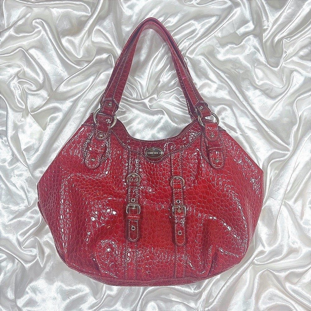 y2k Nine West Shoulder Bag Red Excellent Croc Embossed Patent Buckle Hobo Purse